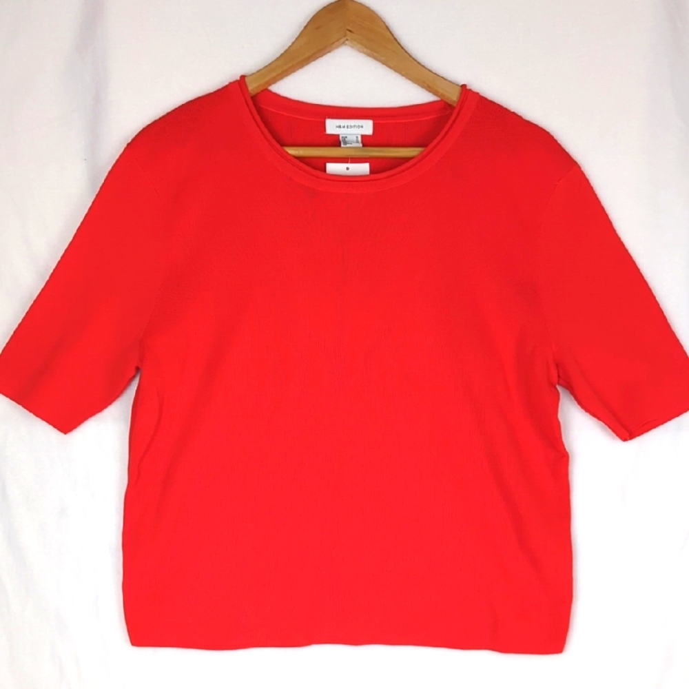 NWT H&M COLLECTION Orange Red Short Sleeved Rib Knit Top
